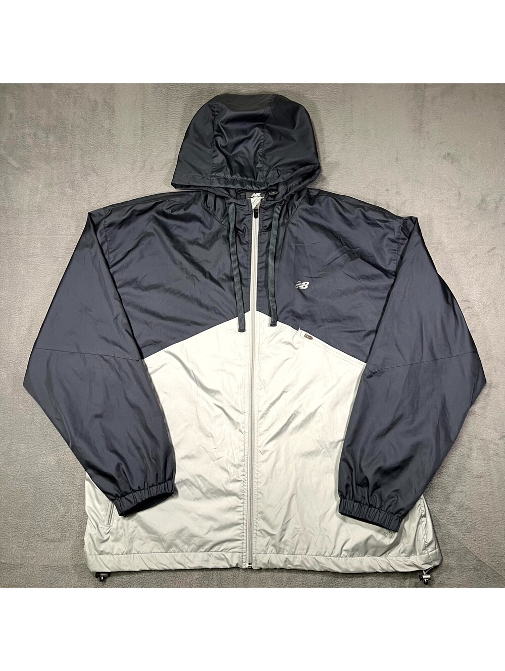 New Balance Jacket Navy Gray Mens XL Windbreaker Colorblock Full Zip Hooded